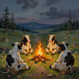 retro future, cartoon cows sitting around campfire telling stories, oil paint on canvas