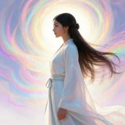 side profile, maya ali, wind sorcerer, dota, robes, elegant, smooth, bright backlit, colorful psychedelic swirly magic ripples, pastel colors, by greg rutkowski, jesper ejsing, ilya kuvshinov, artgerm, mucha