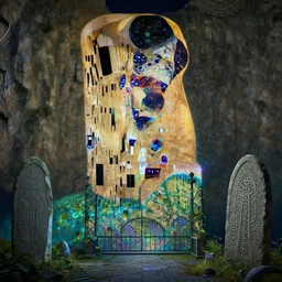 ancient overgrown! ruins, medieval gates, runestones, mysetrious etherial mesmerizing runic!! cat eyes, magical elven geometry, concept art by gustav klimt!, deviantart contest winner, environmental art, high detail