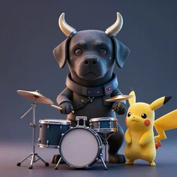 high quality 3 d render very cute cerberus! labrador hybrid plays drums, cyberpunk highly detailed, unreal engine cinematic smooth, in the style of blade runner & detective pikachu, hannah yata charlie immer, moody light, low angle, uhd 8 k, sharp focus