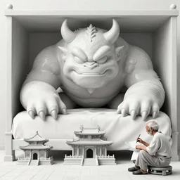 Huge monster from under the bed, in front of the temple, drawn by a queasy old man