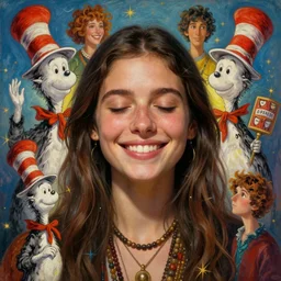 a beautiful portrait of a shaman smiling with eyes closed connecting to inner love, symetrical, designed by dr seuss and michal karcz, by cyril rolando and asher durand and natalie shau