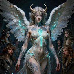 beautiful angel with tattooes, intricate lights, bio luminescent, venomize, by ruan jia and artgerm and range murata and wlop and ross tran and william - adolphe bouguereau and beeple. key art. fantasy illustration. award winning, artstation, intricate details, realistic, hyperdetailed, 8 k resolution.