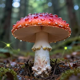 the most beautiful red and white amanita mushroom ever seen, moist, water droplets reflecting environment, forest floor, sprites, firefly's, sun shining through treetops, greg rutkowski, vivid colour, trending on artstation, artistic photo, highly focused, digital art, highly detailed, 8 k