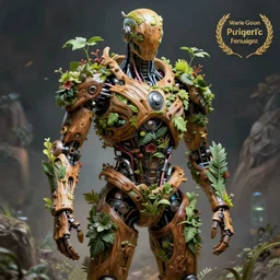 hyper - detailed fine painting of a humanoid cyborg half cybernetic and half made of plants and wood, concept art magical highlight