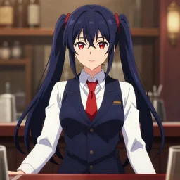 anime drawing of julianne stingray ( from va - 1 1 hall - a ), anime, long dark indigo hair, twin pigtails, bartender, dark navy blue suit vest, white dress shirt, red tie, red irises, digital art, 8 k, 4 k, masterpiece, portrait, centered, accurate anatomy, trending on artstation, art by christopher ortiz