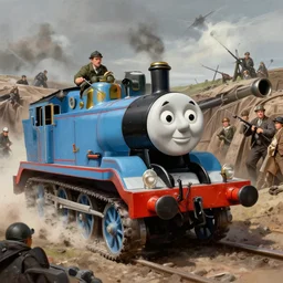 thomas the tank engine as a military tank fighting in world war 1, trench warfare!!, intricate, highly detailed, centered, digital painting, artstation, concept art, smooth, sharp focus, illustration, artgerm, tomasz alen kopera, peter mohrbacher, donato giancola, joseph christian leyendecker, wlop, boris vallejo
