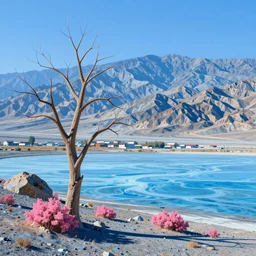 a gorgeous desert painting of death valley by moebius. tree no leaf!!!! china mountain village!! blue and very little light verdancy. the protruding pink clumps of rock. ultra clear detailed. 3 d, octane render. turbulent blood lake.