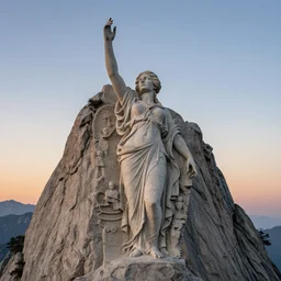 an ultradetailed colossal magnificent stone sculpture carved from the top of a massive mountain of an elegant woman with a hand raised to the sky, fine detail, sunrise on the horizon in the background, stone hand raised up, 8 k, art by greg rutkowski and alphonse mucha and andreas rocha and albert bierstadt