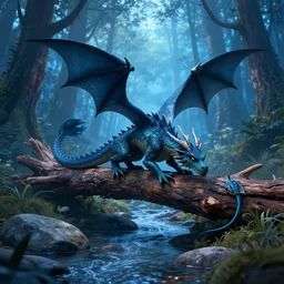 a dragon on a log in a magical blue forest, heavily stylized, misty, woodland creek, river rock