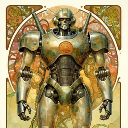 upper half portrait of army mecha robot - wires and vines as poster design borders, art by alphonse mucha & hsiao - ron cheng, highly detailed, digital painting, concept art, illustration, smooth sharp focus, intricate, symmetry, artstation, colourful,