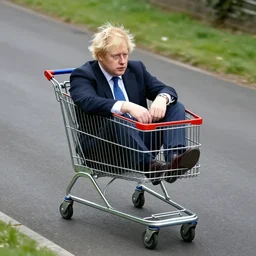 Boris Johnson sitting inside a mall-shopping-cart riding downhill a very steep road