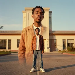 A wideshot of Tyler The Creator in a Wes Anderson movie, 8K concept art, vintage, shot on Kodak Ektar, detailed, golden hour