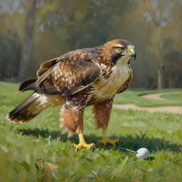 painting of a hawk that is drawing a golfer