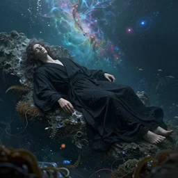 sleeping god in black robe, nebula, underwater, cinders, very detailed, realistic, natural lighting, octane render, greg rutkowski, wlop, terese nielsen, 1 6 k, illustration, rule of thirds