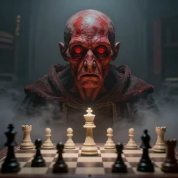 lord loss king of sorrow, loves chess, book portrait, pale red, lumpy skin, he has very dark - round red sad eyes with even darker red pupils. tiny cracks in skin seep, symmetric lights and fog, in the style of zdzislaw beksinski, glowing light and shadow, hyperrealist, 8 k