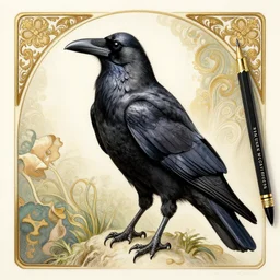 a majestic, armoured, elegant, crow, pencil and ink, very detailed, greg rutkowski and alphonse mucha, david finch,