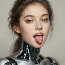 attractive female i robot sticking out the tongue out sensually, close - up portrait, intricate, elegant, volumetric lighting, scenery, digital painting, highly detailed, artstation, sharp focus, illustration, concept art, luis rollo, ruan jia, steve mccurry, john berkey