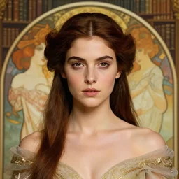 centralized close up portrait, serious, nathalie emmanuel princess witch, abstract library background, alphonse mucha, rhads, ross tran, artstation, artgerm, octane render, 1 6 k