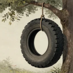 a detailed illustration of a sad rubber tire hanging from a tree by a noose, somber introspective satire