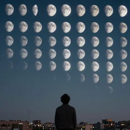 the sky is crowded with many multiple moons. a thousand moons in the sky. focus on the sky. man looking at the moons in the city sky. moons moons moons moons! moon grid. fantasy art by noah bradley, patrick woodroffe, chris rahn. extremely high details, realistic, masterpiece, artstation contest winner