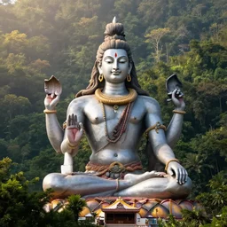 single large statue of lord shiva in mountains, forest, one, photography by alexey kurylev, hyper realistic, volumetric sunlight, photographic, sharp focus