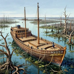 sunken ship, swamp, dead tree, bog, intricate, elegant, highly detailed, wide angle perspective view, vivid colors, john park, frazetta, sparth, ruan jia, jeffrey catherine jones