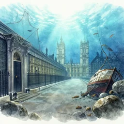 incredible wide screenshot, ultrawide, simple watercolor, rough paper texture, underwater london, downing street, westminster, backlit shot, fishing net, fish shoal, boat wreck, boulders, pencil marks, shinjuku, koji morimoto, katsuya terada, masamune shirow, tatsuyuki tanaka hd, 4 k, remaster, dynamic camera angle, deep 3 point perspective, dynamic lighting