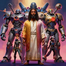 stylish caricature 3 d vfx drew struzan movie poster art of an african jesus surrounded by giant mecha, art style by james jean & hsiao - ron cheng, unreal engine render, digital illustration, sharp, intricate detail, volumetric lighting, ray tracing, soft light, neon, claymation style, ernie barnes style, symmetry, acrylic on canvas, pinterest, artstation,