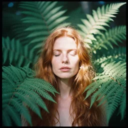 An analog head and shoulder frontal face portrait photography of a redhead woman behind multiple big fern leaves by Annie Leibovitz. Long hair. eyes closed. Agfa Vista 800 film. Sunshine. detailed. hq. realistic. Rembrandt light style. warm light. muted colors. lens flare. photoreal. Bloom and glare. Leica M9, f/1.4, ISO 200, 1/160s, RAW, symmetrical balance, in-frame