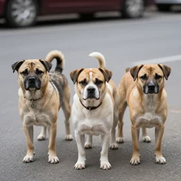 Three dogs on the street.