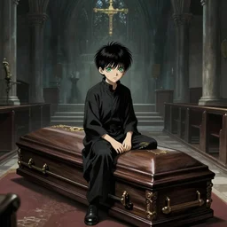 a boy sitting on a coffin in a church, drawn by kentaro miura, digital art, highly detailed, very detailed eyes, eldritch, horror, snake eyes