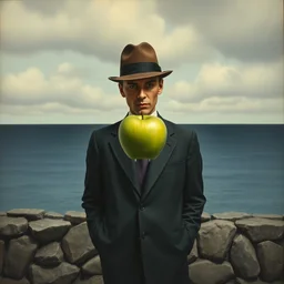 a surreal oil painting of the front on view of a man in a business suit and bowler hat standing in front of a short rock wall, a green apple is floating directly in front of his face, grey clouds and calm ocean are behind him, by rene magritte