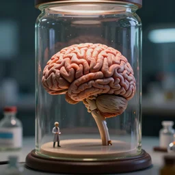 tilt shift photography, extreme dof, miniature brain in a jar, mad scientist lab, model