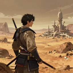 illustration of a worn out samurai that got time travelled to a futuristic colonized Martian city, art by Ilya Kuvshinov, wallpaper, highly detailed, anime key visual, warm colors, epic landscape, HD digital art, artstation