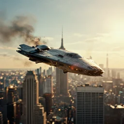 a 3 5 mm photo of an alien spaceship destroying new york city, splash art, movie still, bokeh, canon 5 0 mm, cinematic lighting, dramatic, film, photography, golden hour, depth of field, award - winning, anamorphic lens flare, 8 k, hyper detailed, 3 5 mm film grain
