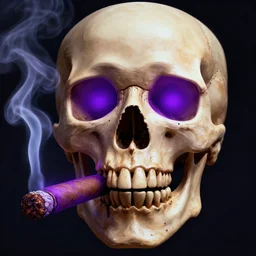 a skull with glowing purple eyes smoking a purple cigar, digital art, realistic, vivid