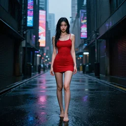 hyperdetailed wide ground level photo of a perfect face sexy beautiful girl wearing a very short thin red dress and no shoes getting soaked in the rain standing in the middle of an empty dark alley with screens displaying colorful advertisements on the tall ominous buildings, hdr, 4 k, blade runner aesthetic