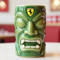 a closeup photorealistic photograph of a glossy ferrari themed tiki mug at at a trader vic's restaurant featuring the face of young enzo ferrari. party time. tiki theme. bright scene. fine detail. this 4 k hd image is trending on artstation, featured on behance, well - rendered, extra crisp, features intricate detail, epic composition and the style of unreal engine.