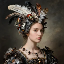 a woman with a weird head piece on her head, a flemish Baroque by Alexander McQueen, trending on pinterest, panfuturism, made of paperclips, made of insects, made of feathers,