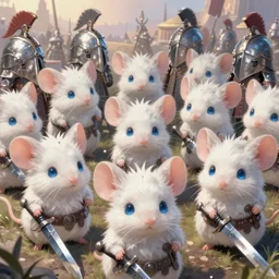 dungeons and dragons fantasy painting, close order phalanx of mice spartans, 3 0 0, whimsical and cute, determined expressions, watery blue eyes, anime inspired, white fur, tufty whiskers, steel blades, dawn lighting, at thermopolae
