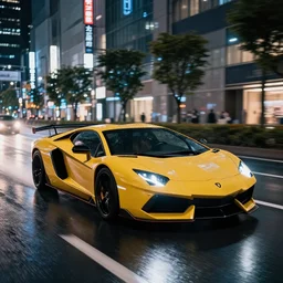 Ferrari Lamborghini Corvette super car driving down a wet street at night in Tokyo, octane, hdr, 8k