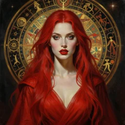 hyper realistic painting of the red witch, detailed and perfect face, perfect and proportional body, in the style of wayne barlowe, gustav moreau, goward, gaston bussiere and roberto ferri, santiago caruso, and austin osman spare, bouguereau, mucha, saturno butto, sorayama. occult art, alchemical diagram