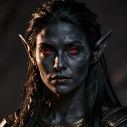 color portrait of a dark elf female (beautiful dark gray skin and red eyes), Greg rutkowski, Trending artstation, cinematográfica, digital Art
