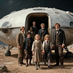 70mm still from a sci fi blockbuster movie, set in 1860, of a family leaving a spaceship, that has just landed on an alien planet, wearing 1850s era clothes, good lighting, 4k, HD, in focus, clear faces
