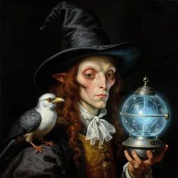 a baroque close - up portrait of a whimsical alien wizard, a bird, and a glowing sci - fi time machine. black background. highly detailed science fiction fantasy painting by norman rockwell, moebius, frank frazetta, and sandro botticelli. high contrast. renaissance masterpiece. artstation