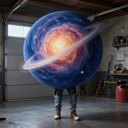 neptune standing in his garage, very detailed photo