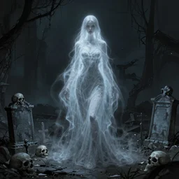 cell shading render character concept art of a beautiful centered etheral fading ghost female facing camera in a ruined cemetery by night, ultra intricate details, omnious style, volumetric light and fog, skulls