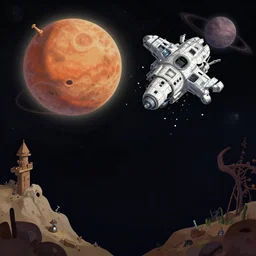 a crashed spacecraft on a strange alien planet, from a space themed point and click 2 d graphic adventure game, set design by a random, art inspired by thomas kinkade