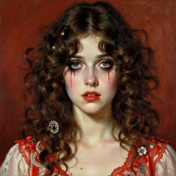 a beautiful but sinister girl in layers of fear, with haunted eyes and curly hair, 1 9 7 0 s, seventies, delicate embellishments, a little blood, crimson, painterly, offset printing technique, mary jane ansell, alexandre cabanel